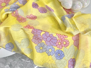 垂感半透 黄色彩色花朵印花6姆米纯真丝雪纺布料汉服衬衫春夏面料