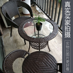 阳台小茶几藤编圆桌简易小户型茶桌钢化玻璃圆桌客厅家用小茶几
