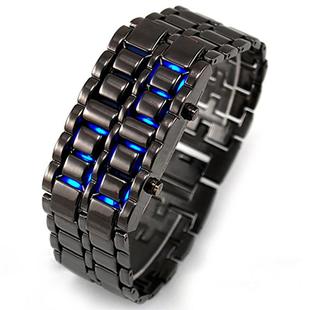 熔岩钢带led手表创意，学生黑银红蓝led灯，男款金属合金手表