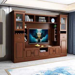 实木电视柜组合墙柜新中式客厅多功能象牙白电视背景柜橡木影