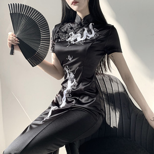 暗黑中国风旗袍高开叉(高开叉，)长款盘扣，黑性感jk改良版龙纹修身连衣裙