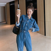 蓝色牛仔连体裤女春秋2023年设计感小众高级感工装连衣裤套装