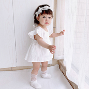夏季女童宝宝婴儿飞袖白色，哈衣婴儿纯棉哈裙连体衣爬服外出服