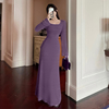 早春高级感法式紫色方领连衣裙子女2024长袖风情万种掐腰长裙