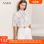 Amii2024秋季雪纺衫女洋气时尚印花飘带短袖衬衫花瓣袖上衣