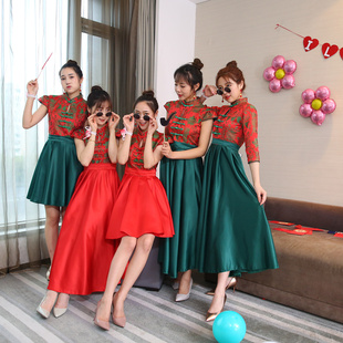 中式伴娘服秋冬立领，红色绿色伴娘团新娘，结婚长款姐妹裙显瘦女