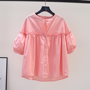 韩国粉红色圆领灯笼袖娃娃衫女夏季宽松休闲衬衣减龄百搭休闲上衣