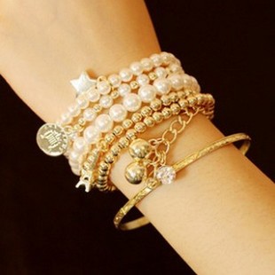 韩版多元素埃菲尔铁塔珍珠复古手镯，钱币六件套，饰品多层弹力手链