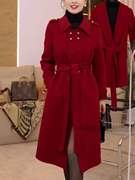 红色中长款外套女冬2023气质名媛，新年战袍高级感收腰呢子大衣