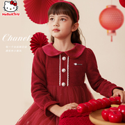 女童连衣裙冬装儿童小香风网纱裙子加厚新年装红色拜年服