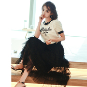 MIUCO镂空撞色短款针织衫+重工多层网纱蛋糕裙半身裙套装