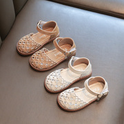 女童包头凉鞋4女孩镂空小皮鞋，2023夏季儿童鞋子，5女宝宝公主鞋6岁3