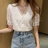 韩国雪纺衬衫女白色蕾丝夏季法式洋气大码开衫宽松泡泡袖V领上衣
