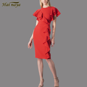 时尚连衣裙2023夏季气质优雅圆领修身荷叶边红色显瘦包臀裙女