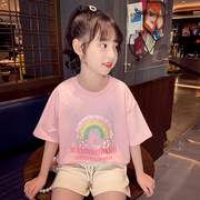 女童t恤夏装2024儿童网红上衣洋气小女孩，白色短袖韩版打底衫