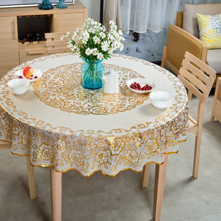 烫金桌布pvc欧式蕾丝圆形圆桌布，防水防油免洗防烫家用茶几桌布