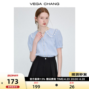 VEGA CHANG格子衬衫女2024年夏季设计感蓝白格娃娃领短袖上衣