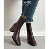 SIXWOO 法式复古瘦瘦靴女方头粗跟短靴美拉德风真皮靴子冬季