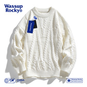 WASSUP日系慵懒风圆领毛衣男女秋冬情侣针织衫白色外套保暖打底衫