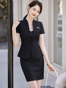 高端黑色短袖西装套装女夏季珠宝店前台工装，气质美容院工作服套裙