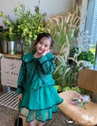女童小香风绿色长袖小礼服裙主持人生日礼服蓬蓬公主裙子两件套