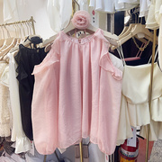 法式复古粉色洋气雪纺衬衫，女高级设计感小众，洋气露肩长袖气质上衣