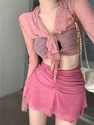 港味纯欲粉色t恤女夏季网纱喇叭，袖开衫长袖绑带显瘦辣妹短款上衣