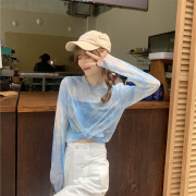 蓝色透明扎染网纱打底衫女内搭2021夏季百搭长袖防晒凉爽T恤上衣