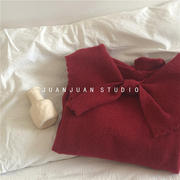 韩国秋冬红色大蝴蝶结，翻领针织衫女羊绒，软糯宽松休闲套头毛衣