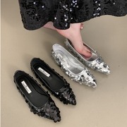 法式小众平跟鞋亮片气质，仙女鞋子2024春夏季尖头单鞋