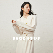 Basic House/百家好法式甜美套装圆领泡泡袖开衫半身裙两件套