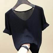 冰丝短袖t恤女装2023夏季韩版修身半袖V领针织打底衫上衣女潮