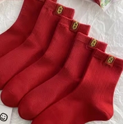 无印MUJ日本红袜子男女本命年纯棉大红色新年袜情侣属龙年中筒袜