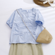外贸法国撤柜原单棉麻娃娃衫减龄，上衣女夏季日系文艺方领短袖衬衫