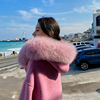 zhuyiyi粉红色双面羊毛大衣女中长款2022冬超大狐狸毛领毛呢外套