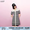 lily夏女装(夏女装)复古条纹，翻领显瘦a字短款针织连衣裙中长裙女