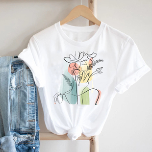 Woman T-shirt欧美抽象花卉女人印花白色T恤艺术气质短袖街头