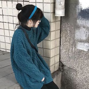 冬季韩版2023宽松外穿慵懒风加厚中长款圆领，套头长袖毛衣女装