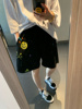 韩国2024夏季女装潮酷帅气毛圈手工涂鸦毛边，宽松黑色四分短裤