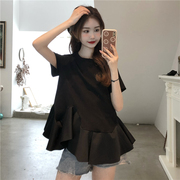 夏季短袖T恤女韩版可爱学生荷叶边下摆收腰显瘦黑色上衣女