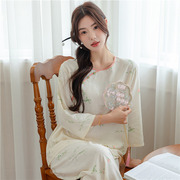 夏季中国风棉绸睡衣女薄款春秋新中式古风气质长袖绵绸家居服套装