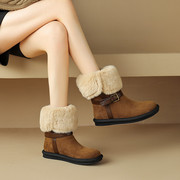雪地靴低跟中筒靴圆头加绒保暖平底女棉鞋冬季舒适休闲两穿女靴子