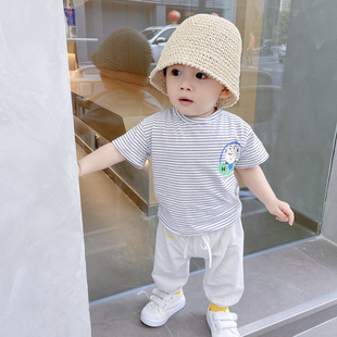 儿童夏季短袖男宝宝条纹宽松版t桖女童纯棉，卡通韩版薄款半袖上衣