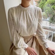 韩国chic早春法式甜美设计感珍珠，立领灯笼袖，蕾丝衫女洋气打底衬衫