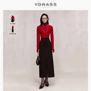 vgrass时髦显瘦前襟开叉，半身裙春秋黑色，气质含棉优雅包臀裙装