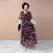 时尚大码连衣裙夏季台湾纱，长裙40-50岁气质妈妈弹力跳舞花裙