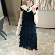 黑色蕾丝蛋糕连衣裙，女拼接设计感大码时髦裙子，2024年夏季欧货