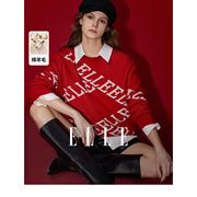 新年系列ELLE红色绵羊毛混纺毛衣女2024春品牌印花针织衫