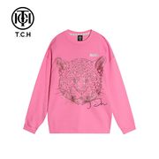 TCH潮牌刺绣豹头烫钻粉色圆领套头卫衣T21111C6070