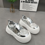 2024春夏银色亮片鞋单鞋增高鞋，女透气厚底，松糕鞋系带休闲板鞋